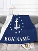 Blankets Dark Blue Nautical Decorative Anchor Blanket Flannel Customizable Blanket Soft Breathable Thermal Bedding and Travel Blanket HKD230922