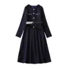 2023 Autumn Navy Blue Solid Color Waist Belted Dress Long Sleeve Round Neck Double Pockets Knee-Length Casual Dresses A3S150910-05