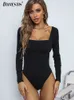 Dames jumpsuits rompertjes dames gebreide bodysuit met vierkante kraag lente en zomer lange mouwen dieptepunt jumpsuit eenvoudige effen kleur 230922