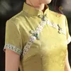 Ethnische Kleidung Retro-chinesischer Stil, elegantes Kostüm, Sommer-Damen, grün, Cheongsam, modern, lang, hoch, geteilt, Qipao