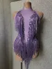 Stage Wear Purple Tassel Leotard Jazz Dance Costume One-piece Sparkly Crystals Fringes Bodysuit Dancer Performance Show Clothing