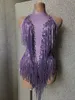 Stage Wear Purple Tassel Justaucorps Jazz Dance Costume Une pièce Sparkly Cristaux Franges Body Dancer Performance Show Vêtements