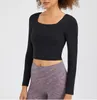 LU-3008 Afslankende sport-fitnesstop met lange mouwen en vierkante hals voor dames, strakke effen kleur, korte, casual yoga-jurk met borstkussen