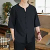Camicie casual da uomo 2023 Abbigliamento da uomo in lino Mezza manica stile cinese Camicia abbottonata retrò Tinta unita Colletto alla coreana Allentato Taglie forti