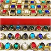 Band Rings Stone 30Pcs Crystal Glass Retro Bohemia Style Big Size Mixed Golden Siery Black Metal Acrylic Men And Women Jewelry Party D Dh8Wk