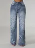 Damesjeans Sifreyr Modieus Blauw Gesplitst Hoge taille Wijde pijpen Lange broek Denim Kwastje Kruis Hip Hop Recht Herfst Voor Dames