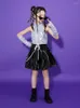 Stage Wear Children Jazz Dance Costume Silver Sequin Tops Black Leather Skirt For Girls Cheerleading Performance Clothes 10396