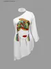 Grundläggande casual klänningar lw klänning kvinnor 2022 asymmetrisk ruffle tryck en axel ihålig sexig enärmave vestidos vita kläder t230922