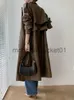 Женский шерстяной модный длинный плащ для женщин в стиле ретро 2023, осень 2023, новая тонкая куртка из искусственной кожи, свободный однотонный кожаный плащ, черное длинное пальто J230922