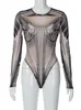 Mulheres Macacões Macacão ONeck Manga Longa Malha Bodysuit Mulheres Geométricas Impresso Transparente Sexy Body Night Club Outfit Y2K Tops 230921