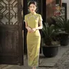 Ethnische Kleidung Retro-chinesischer Stil, elegantes Kostüm, Sommer-Damen, grün, Cheongsam, modern, lang, hoch, geteilt, Qipao