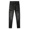 Men's Jeans Street Fashion Men Retro Black Gray Elastic Slim Fit Spliced Biker Zipper Designer Patched Hip Hop Pants Hombre