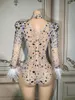 Stage Wear 2023 Sparkly Multi-coloured Rhinestones Long Sleeve Feathers Bodysuit Sexy Mesh Dance Costume Performance