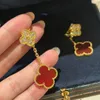 Vintage Dangle Küpeler Van Clee Marka Tasarımcı Bakır Tam Kristal Kırmızı Ana İnci Kabuk Dört Yaprak Yonca Çiçek Takımı Damla Küpeler Kutu Partisi Hediye