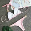 Womens Swimwear Womens Swimwear Crystal Bikini Set Bandage Velvet Pink Swimwear Swimsuit Bathing Suit Women Sexy Thong Bikini Gold Crystal Beach Wear 230707 L23092