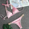 Womens Swimwear Womens Swimwear Crystal Bikini Set Bandage Velvet Pink Swimwear Swimsuit Bathing Suit Women Sexy Thong Bikini Gold Crystal Beach Wear 230707 L23092