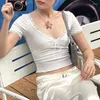 Женские футболки, милый эстетический кружевной лоскутный укороченный топ с v-образным вырезом, белая повседневная элегантная рубашка, универсальные пуловеры в корейском стиле, женские