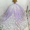 Lavendel Quinceanera Jurken Organza Kralen Uit De Schouder Feestjurk 3DFlower Applicaties Lace Up Hof Trein Gala Baljurk