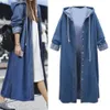 Giacca da donna in misto denim a maniche lunghe con cappuccio allentato Cappotto da donna Cardigan lungo monopetto alla caviglia Frangivento Outwear Streetwear 230922