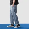 Men's Jeans American Light Blue Wash Stripe Work Clothes Loose Straight Youth Wide Leg Denim Pants Multi Pocket Casual Trousers