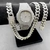 Montres-bracelets 3 2pcs collier montre bracelet hip hop miami chaîne cubaine couleur or glacé pavé strass rappeur hommes bijoux ensemble 266i