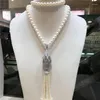 Catene annodate a mano 8-9mm perle d'acqua dolce naturali bianche micro intarsio zircone nappa lunga catena maglione collana gioielli di moda