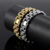 Bling Bling 15mm 21cm Gold Silver Hip Hop Mens Rhinestones Watchband Chain Bracelet Tank Bangle For Boys Rapper Rocker Punk Iced O2348