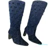 2023 Stivali in ciniglia con tacco alto e punta squadrata con motivo jacquard blu e nero Altezza tacco 110 mm Moda Donna