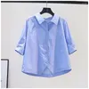 Kvinnors blusar Summer Fashion Polo Neck Kort ärmskjorta för kvinnor Splice Pink Loose Half Blue Casual Versatile Top Female Clothing