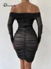 Grundlegende Freizeitkleider Dressmecb Schulterfreies Mesh-Partykleid Damenbekleidung Sexy Club Rückenfreie geraffte, figurbetonte Kleider mit langen Ärmeln Herbst Vestidos 230922