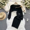 Two Piece Dress YuooMuoo Autumn Women Dress Set Fashion Y2K Knitted Spaghetti Strap Mini Dress Full Sleeve Crop Top Streetwear Two Piece Suits 230922