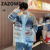 Men's Sweaters ZAZOMDE Fashion Y2K Cardigan Sweater Contrast Color Striped Vneck Single Breasted Knitwear Coat High Street Tops Winter 230921