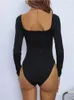 Womens Jumpsuits Rompers Women Knitted Square Collar Bodysuit Spring and Summer Longsleeved Bottoming Jumpsuit Simple Solid Color 230922