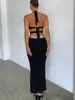 Casual Dresses Sexig Cutout Halter Neck Backless Maxi Dress TIE-UP Svart Elegant Cocktail Party for Women Clothing 2023 Autumn Fashion