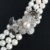 Chains 3 Strands 8-9MM Round White Pearl CZ Connector Necklace