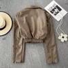 Cappotto a maniche lunghe in pelle PU da donna Autunno Inverno Giacca da motociclista vintage con colletto rovesciato da donna Capispalla corto solido