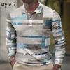 Herrpolos Men's Long Sleeve Blue Lapel Button 3D Print Pullover T Shirt Retro Graphic Mature Man Topps Spring Autumn Plaid Men Clothing 230922