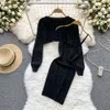 Two Piece Dress YuooMuoo Autumn Women Dress Set Fashion Y2K Knitted Spaghetti Strap Mini Dress Full Sleeve Crop Top Streetwear Two Piece Suits 230922