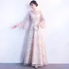 Этническая одежда, рукава-колокол цвета шампанского, платья в восточном стиле, китайская невеста, винтажное традиционное свадебное платье Cheongsam, длинное Ципао, размер 3XL