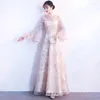 Ethnische Kleidung, Champagner, Glockenärmel, orientalischer Stil, chinesische Braut, Vintage, traditionelle Hochzeit, Cheongsam-Kleid, langes Qipao, Größe 3XL