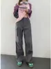 Mężczyźni s jeansy jesienne moda szara wysoka talia proste swobodne spodnie Hip Hop Street Dance Lose szeroką nogę Work Trend Y2K 230922
