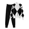 Women's Two Piece Pants 2 Pcs/Set Ladies Sweater Set Geometric Print High Collar Women Knit Suit Ankle-banded Casual Fall Trousers