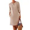 Casual Dresses 2023 Vintage Women Solid Mini Dress Summer Fashion O-Neck Three Quater Sleeve Cotton Linen Ladies Holiday Vestidos