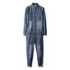 Men's Jeans Spring Autumn Long Sleeve Denim Overalls Slim Korean Style Mens Jacket And Suit Men Retro Cargo Jean Jumpsuit Blue