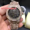 Full Iced Out Men Watch rostfritt stål Rose Gold and Silver Case Watch Glass Back Full Diamond Wristwatch Sapphire Crystal Automa246V