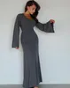 Grundläggande casual klänningar Autumn Winter Fashion Elastic Long Knitted a Line Dres rund nackbloss ärm spets upp 230922