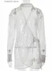 基本的なカジュアルドレススパンコールドレスグリッターパーティードレス女性のための白いシャツドレススリムな長袖メッシュドレスミニセクシーなドレスVestido T230922