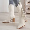 Boots Women New Fashion White Embroider Cowboy Autumn Pu Leather Knee High Woman Pointed Toe Square Heels Western Botas 230922