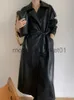 Mulheres misturas de lã moda longo trench coat para mulheres retro 2023 outono nova fina jaqueta de couro do plutônio solto sólido couro trench coat preto longo casaco j230922