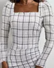 Basic Casual Dresses Elegant and Pretty Womens Autumn Plaid Print Raw Hem Ruched Dress Square Neck Long Sleeve Slim Fit Mini 230922